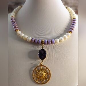 White Mother Of Pearl And 10.7 Carat Amethyst And Lavender Bead Necklace
